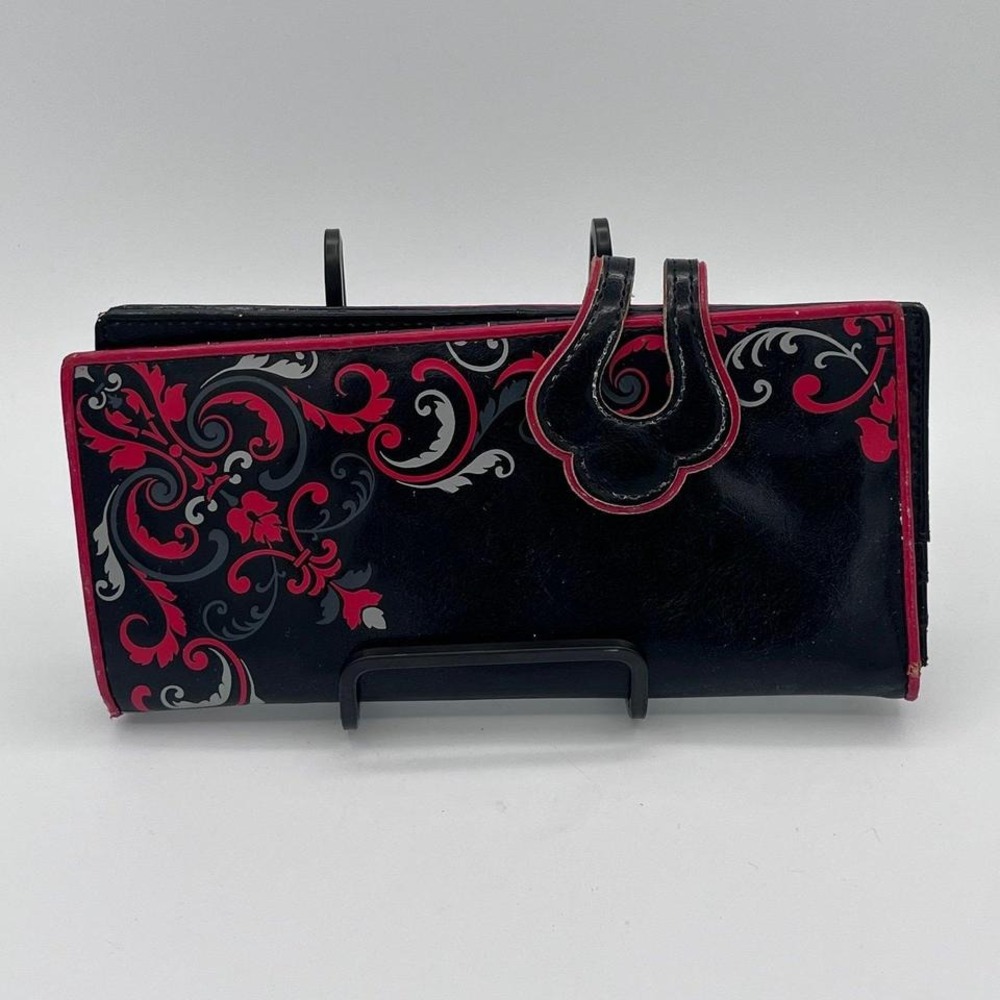 Adisa Black Red Floral Scroll Wallet Women's‎ Faux Leather Bifold Clutch 7.5"